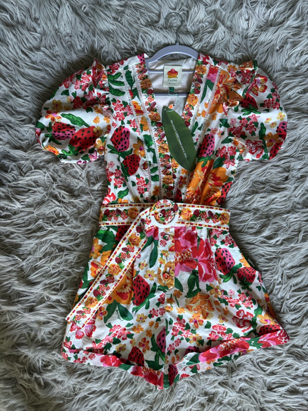 FARM Rio White Floral & Fruit Print Puff-Sleeve Cotton Romper